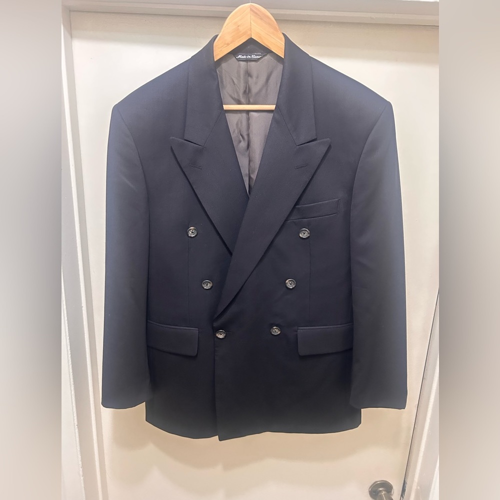 Aquascutum Blazer Double Breasted Sport Coat Jacket Black Pure Wool Short VTG